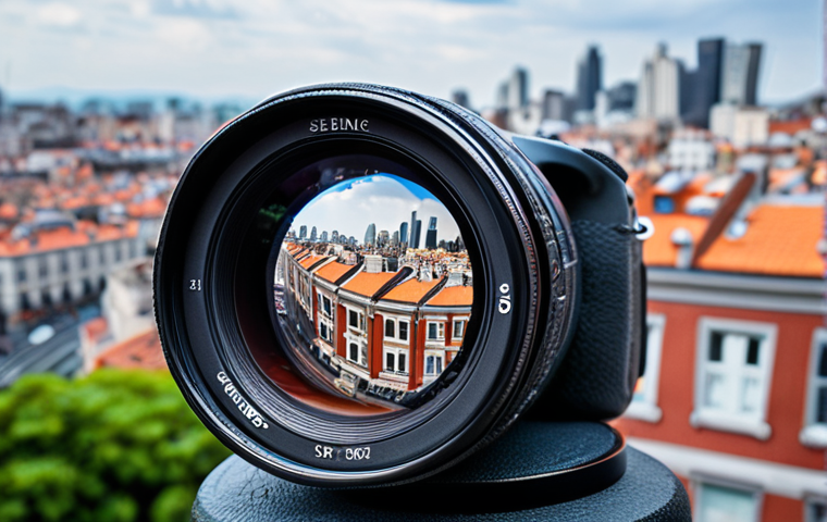 ** A damaged high-end camera lens. The image should evoke a sense of frustration and financial loss, highlighting the need for specialized sharing economy insurance. The setting could be a blurred city scene, implying the lens was damaged during a rental.
**