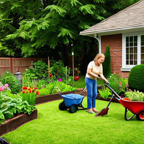 Home 6 **A vibrant, community-focused image of neighbors sharing gardening tools and equipment in a lush, green garden. The scene should evoke a sense of collaboration, sustainability, and neighborly goodwill.**