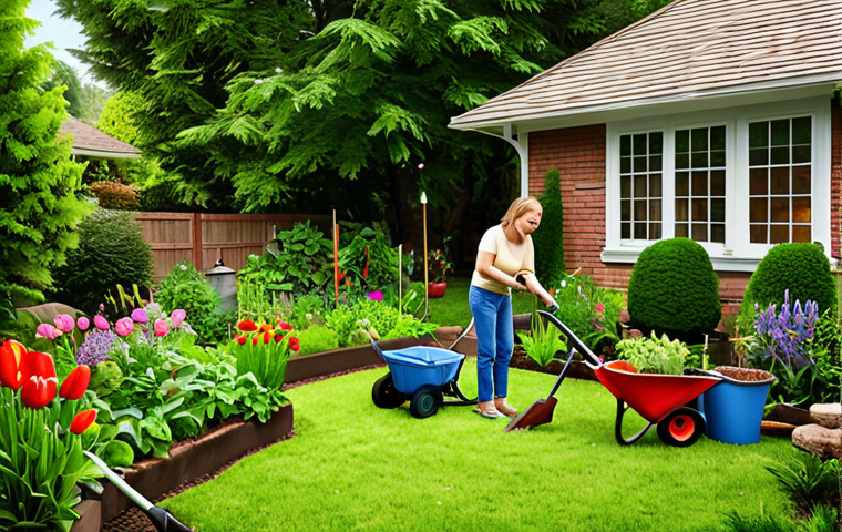 **A vibrant, community-focused image of neighbors sharing gardening tools and equipment in a lush, green garden. The scene should evoke a sense of collaboration, sustainability, and neighborly goodwill.**