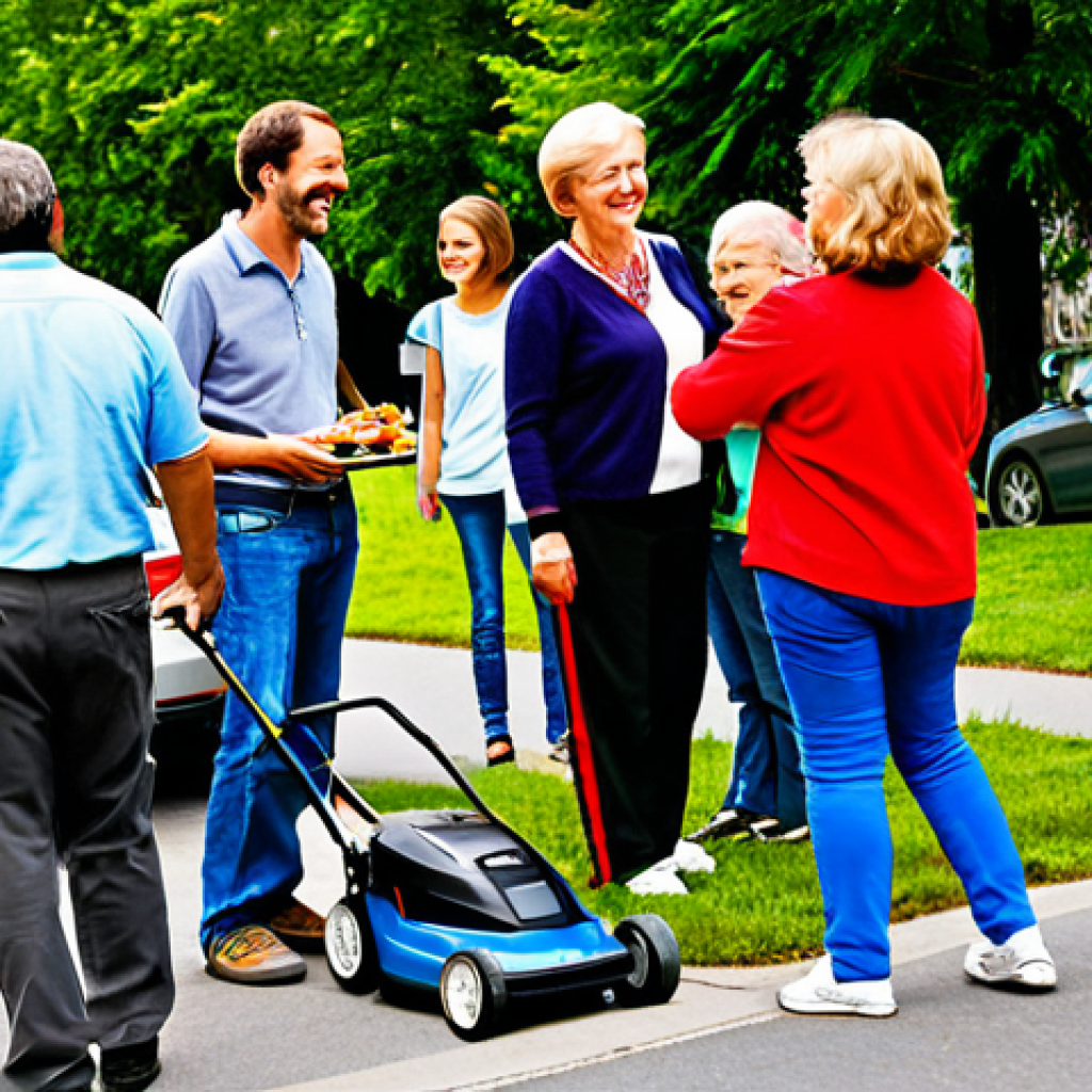 Neighborhood Sharing**
"A sunny afternoon scene in a friendly German neighborhood. People are interacting: one family is borrowing a lawnmower from a neighbor, another is dropping off a dish at a potluck. A community bulletin board displays flyers for a clothing swap meet. Focus on the positive interactions and sense of community. Fully clothed, appropriate attire, safe for work, perfect anatomy, natural proportions, professional, family-friendly, high-resolution, detailed."
**