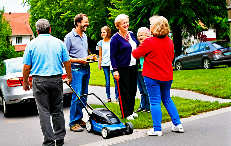 Neighborhood Sharing**

"A sunny afternoon scene in a friendly German neighborhood. People are interacting: one family is borrowing a lawnmower from a neighbor, another is dropping off a dish at a potluck. A community bulletin board displays flyers for a clothing swap meet. Focus on the positive interactions and sense of community. Fully clothed, appropriate attire, safe for work, perfect anatomy, natural proportions, professional, family-friendly, high-resolution, detailed."

**