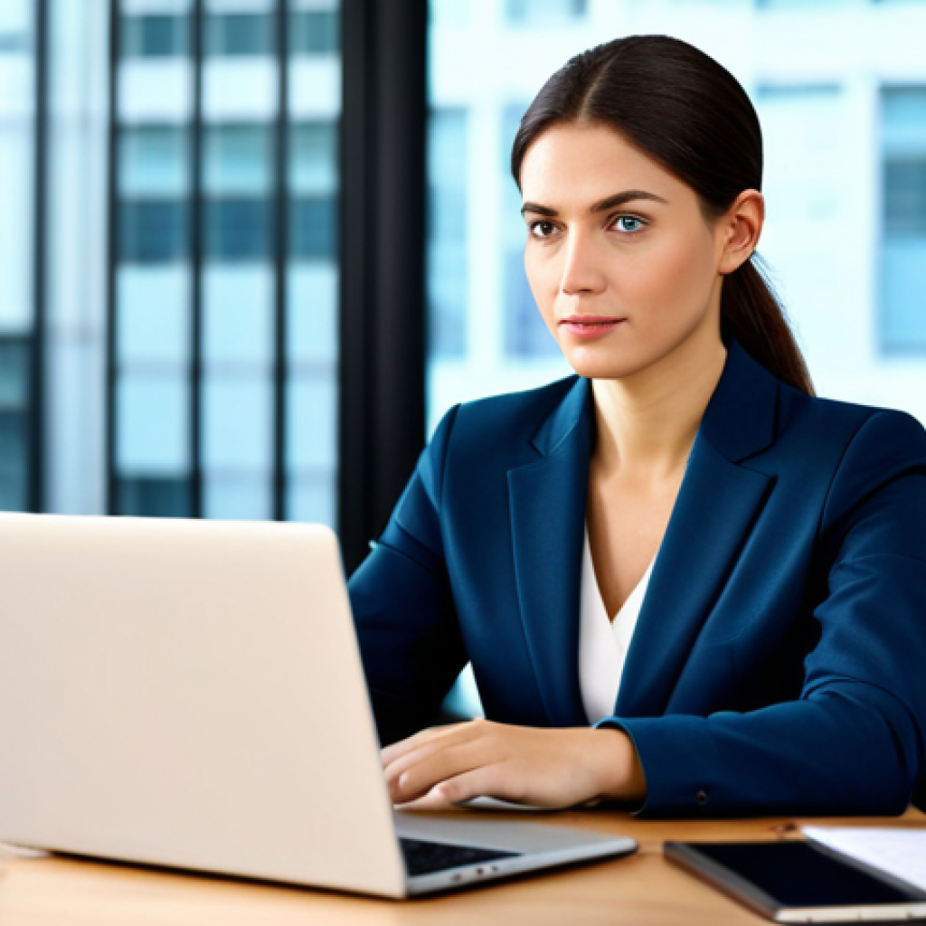 **

"A professional businesswoman in a modest business suit, sitting at a desk in a modern office. She is working on a laptop. The background features blurred office elements. Fully clothed, appropriate attire, safe for work, perfect anatomy, natural proportions, professional photography, high quality, family-friendly."

**