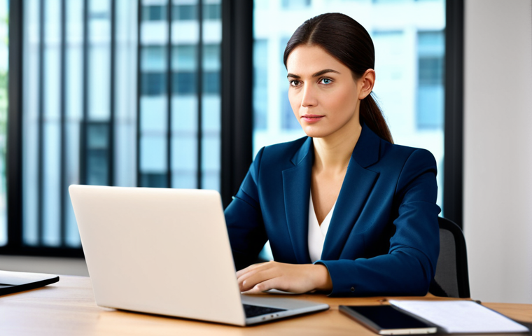 **
"A professional businesswoman in a modest business suit, sitting at a desk in a modern office. She is working on a laptop. The background features blurred office elements. Fully clothed, appropriate attire, safe for work, perfect anatomy, natural proportions, professional photography, high quality, family-friendly."
**