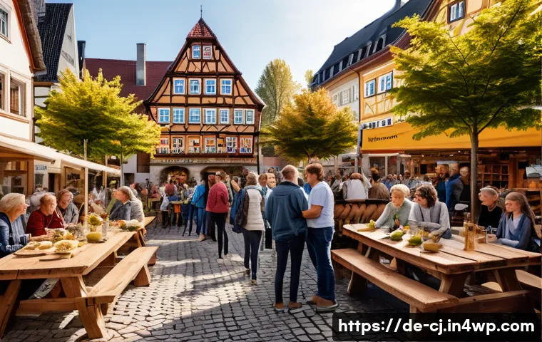 공유경제에서의 커뮤니티 구축 전략 - A vibrant community event in a cozy German town square during early autumn, with diverse people enga...