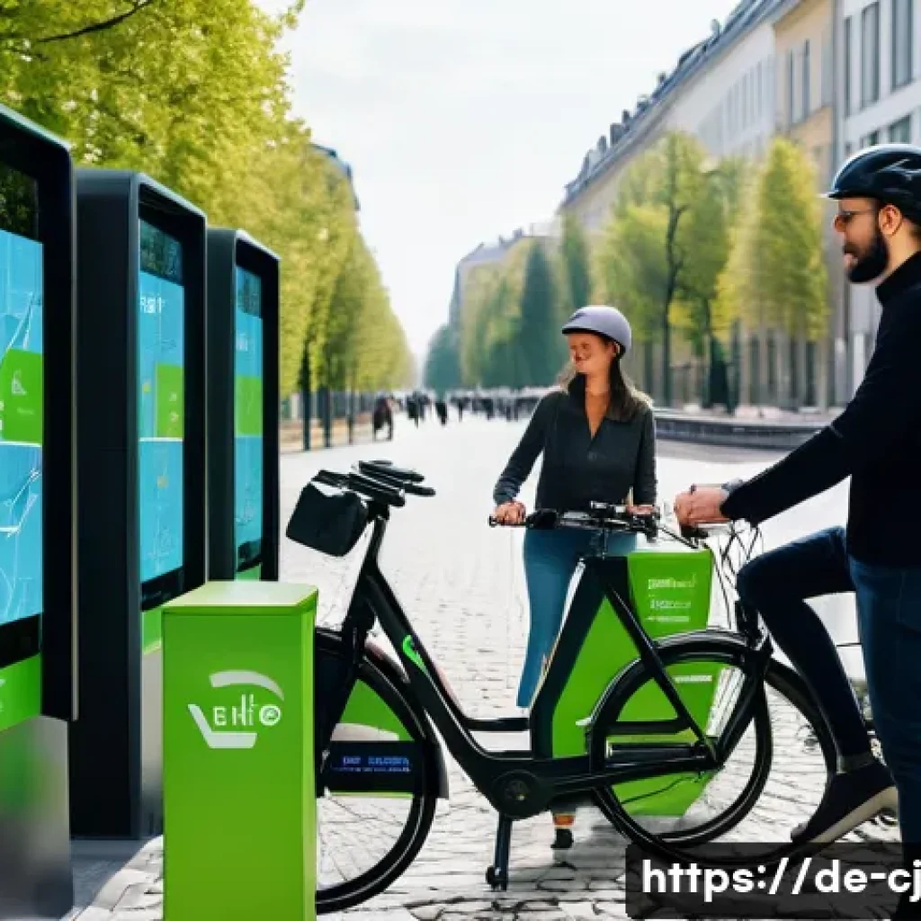 공유경제에서의 차별화 전략 - A modern urban bike-sharing scene in a German city like Berlin, showing diverse users wearing casual...
