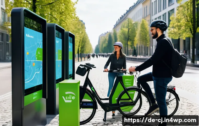 공유경제에서의 차별화 전략 - A modern urban bike-sharing scene in a German city like Berlin, showing diverse users wearing casual...