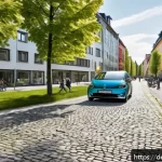 Home 22 지속 가능한 도시와 공유경제의 관계 - A vibrant urban scene in a German city neighborhood showing diverse residents using a carsharing ser...