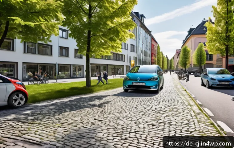 지속 가능한 도시와 공유경제의 관계 - A vibrant urban scene in a German city neighborhood showing diverse residents using a carsharing ser...