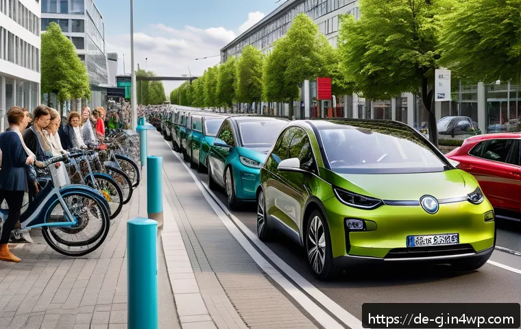 공유경제의 혁신적 아이디어 고안 - A lively urban scene depicting diverse people using a carsharing service: modern electric cars parke...