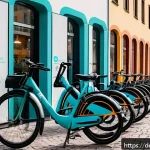 Home 23 공유경제의 글로벌 확장 전략 - A vibrant urban scene in Germany showcasing diverse sharing economy platforms: people using app-base...