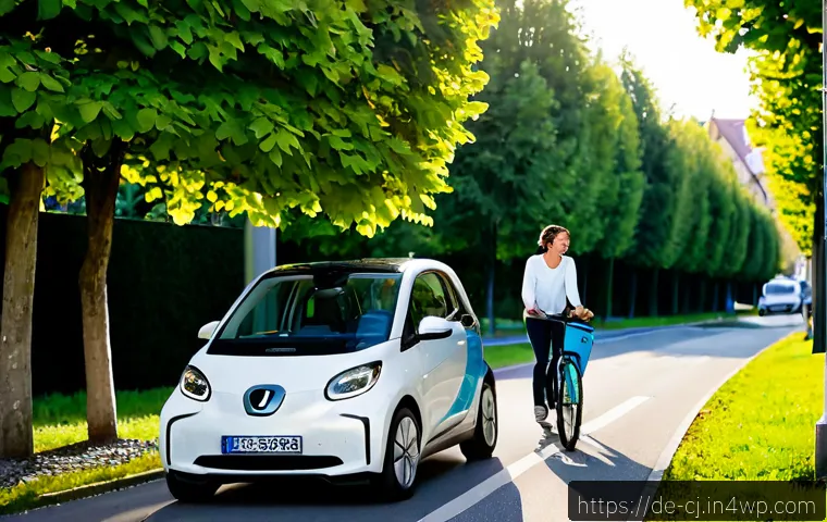 환경 지속 가능성과 공유경제의 연관성 - Photorealistic urban car-sharing scene in a clean German residential neighborhood, two diverse adult...